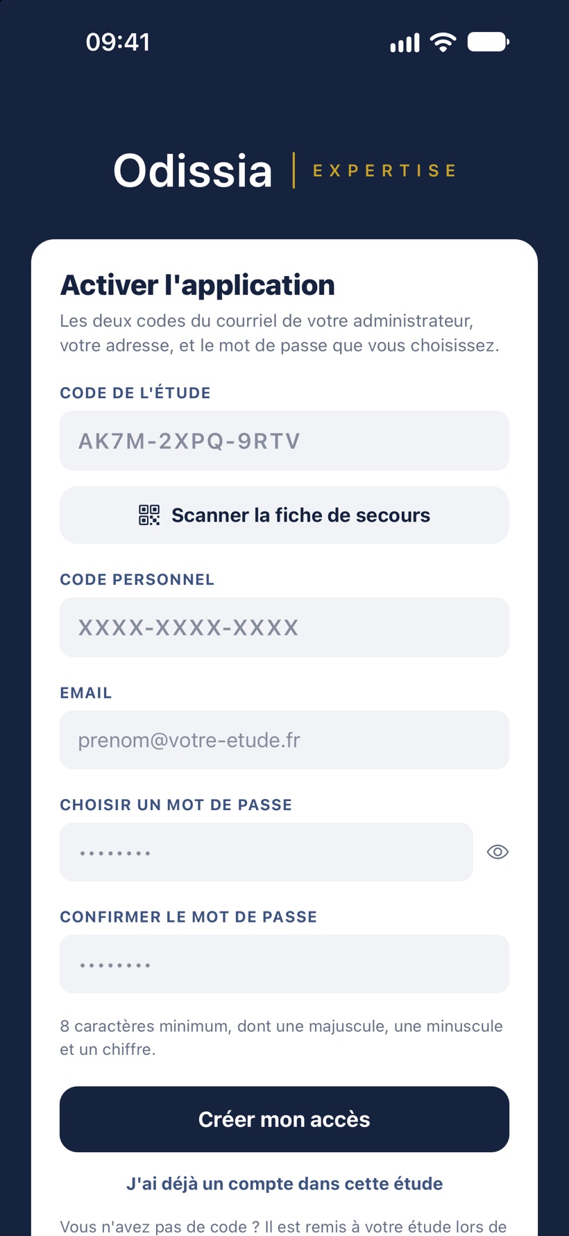L'écran « Activer l'application » : le code de l'étude, le code personnel, l'adresse et le mot de passe à choisir.