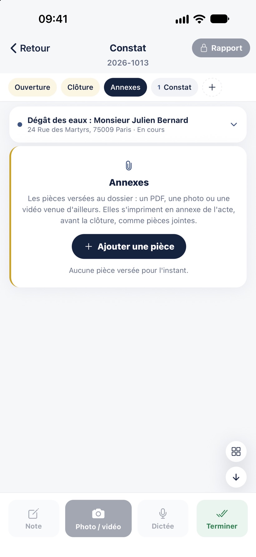 L'onglet Annexes : les pièces versées au dossier, et le bouton Ajouter une pièce.