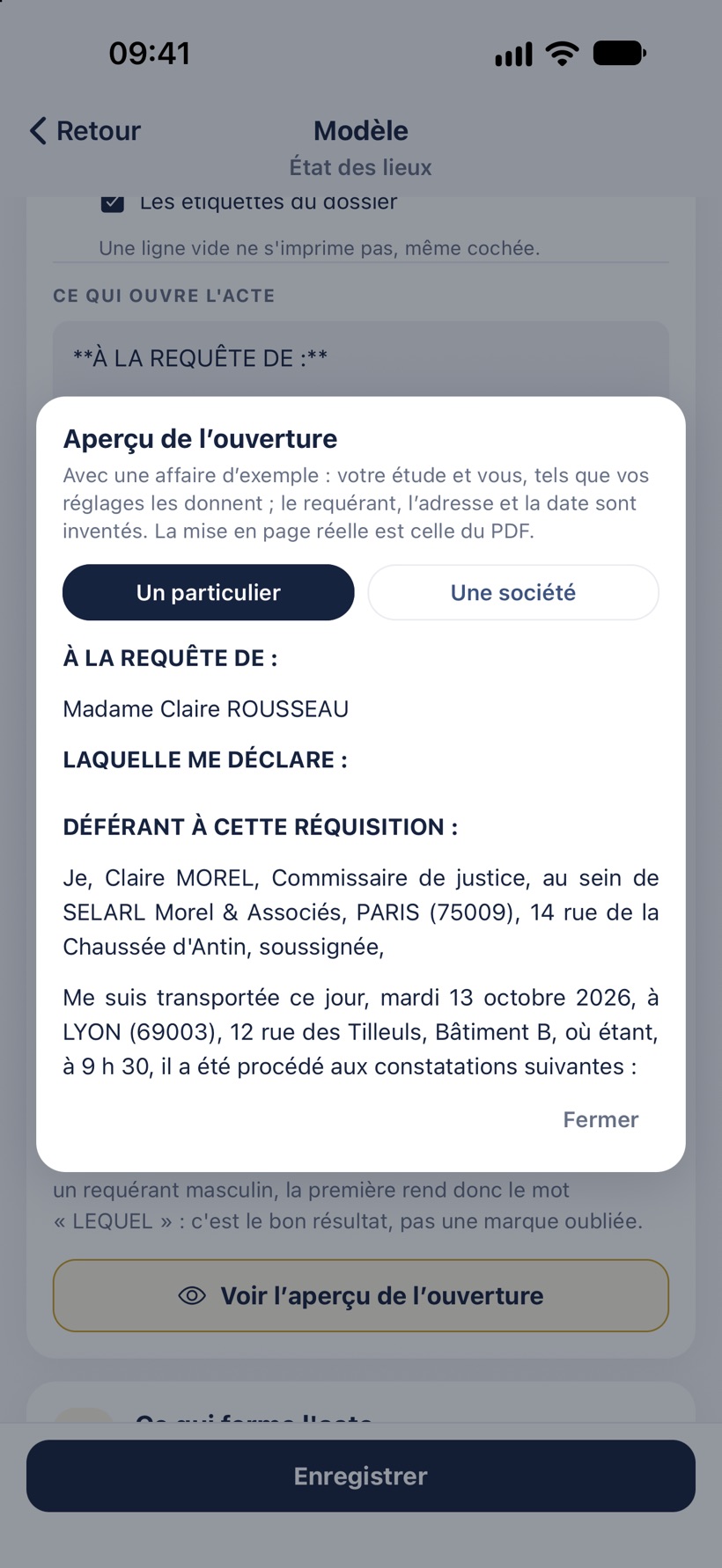 L'aperçu de l'ouverture : le texte du modèle rempli avec une affaire d'exemple.