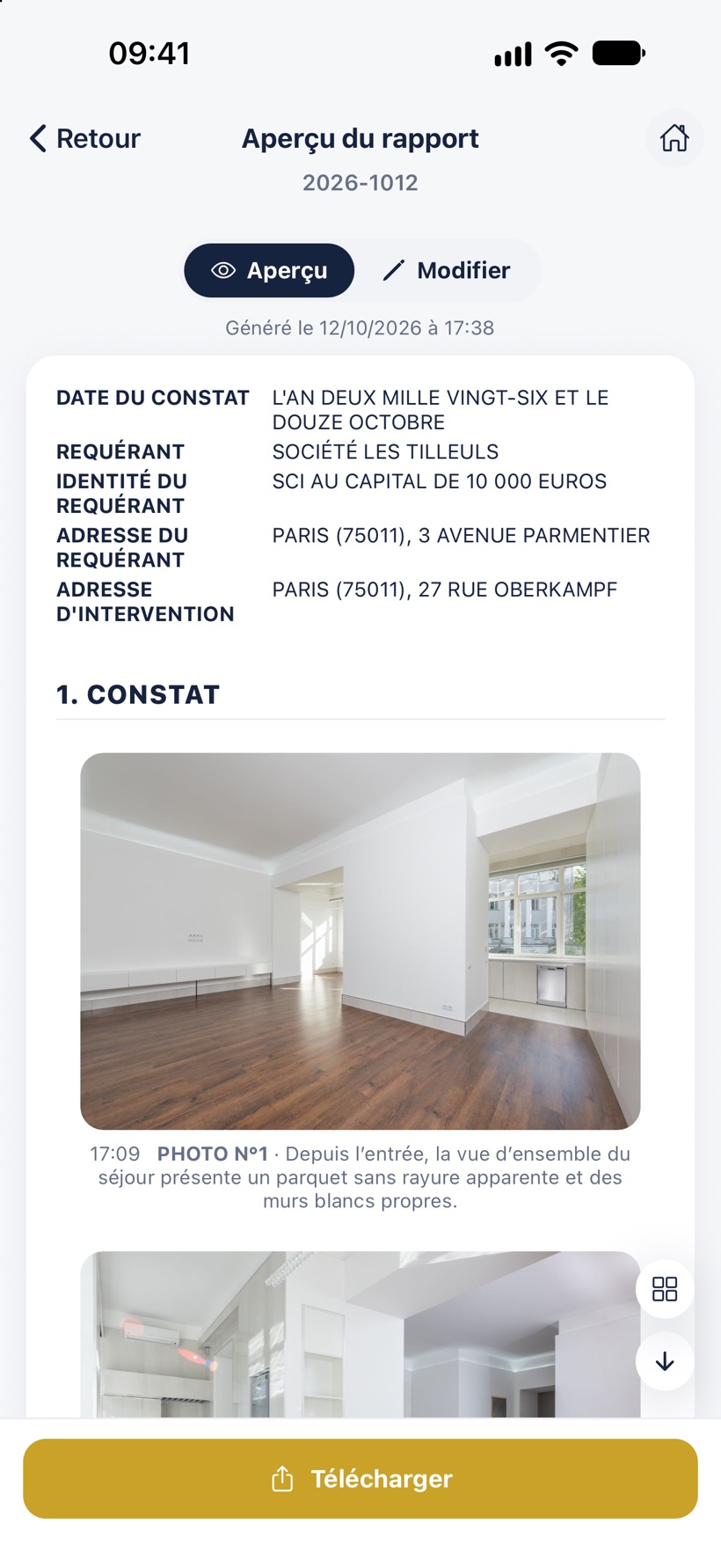 L'aperçu du rapport rédigé : le contexte de l'intervention, puis la première photo et sa constatation.