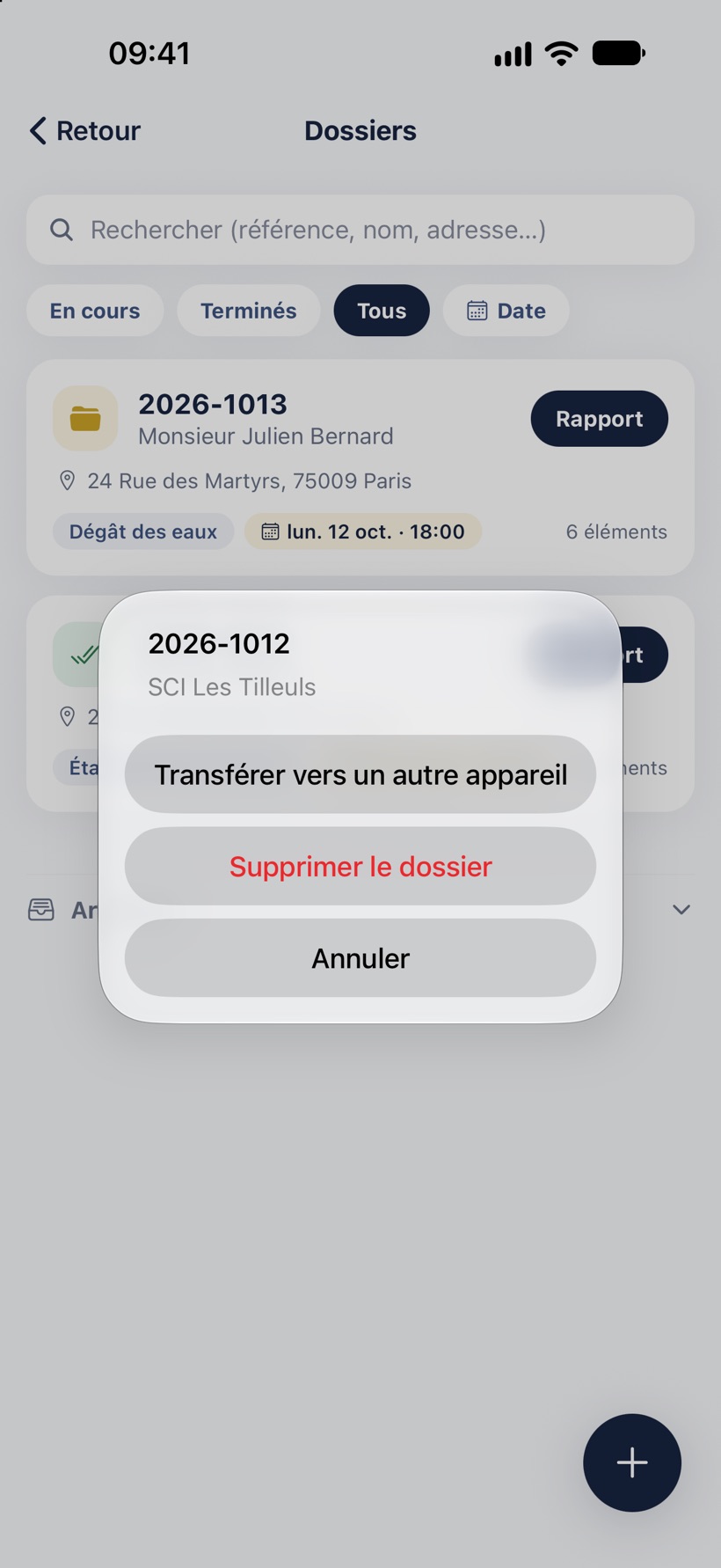L'appui long sur un dossier : Transférer vers un autre appareil, Supprimer le dossier, Annuler.