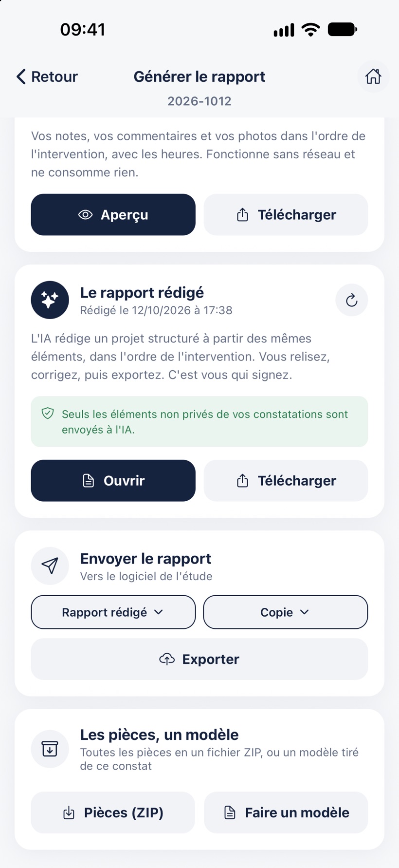 Le bloc Envoyer le rapport : la version, l'exemplaire et le bouton Exporter.