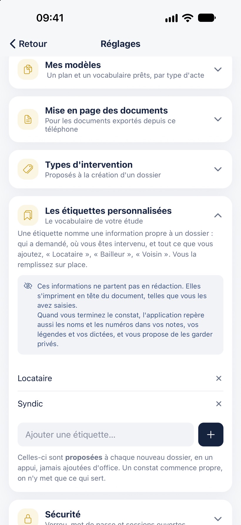 Les étiquettes personnalisées dans les Réglages : Locataire, Syndic, et le champ pour en ajouter.