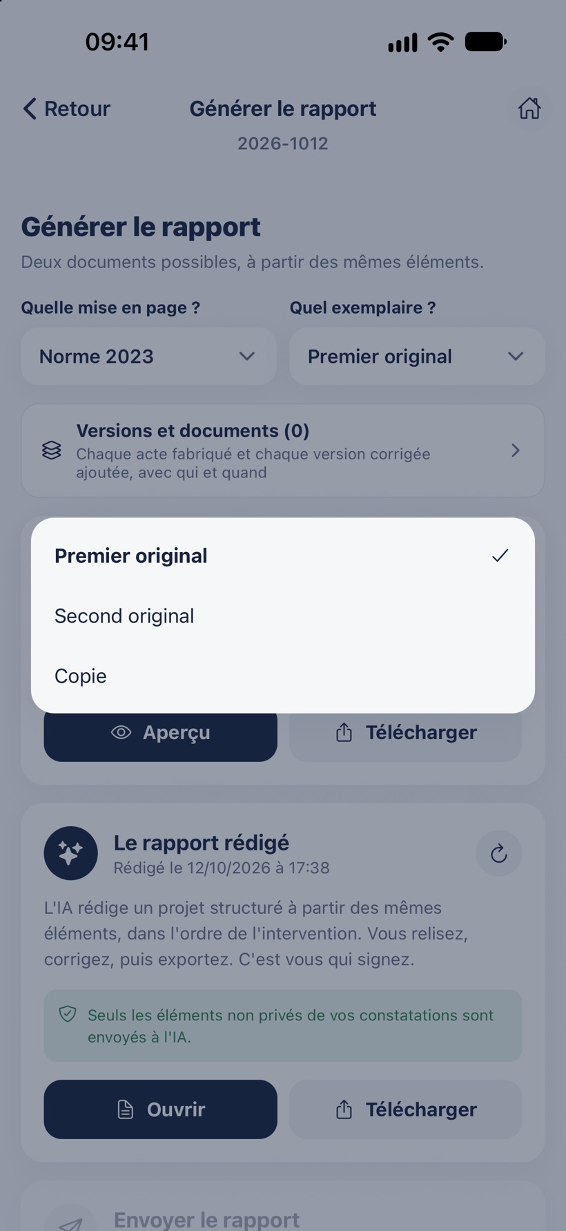 Le choix de l'exemplaire : Premier original, Second original ou Copie.