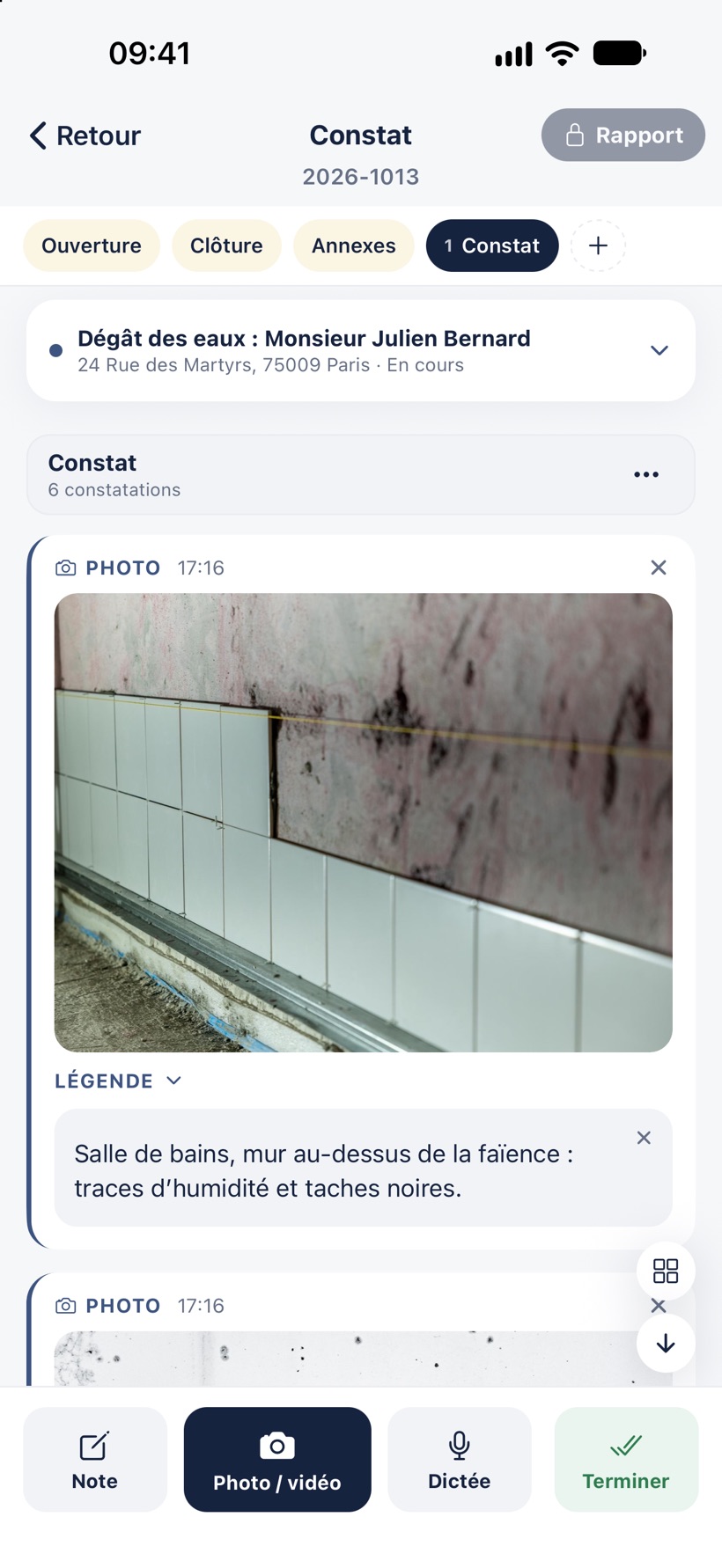 Le fil d'un constat en cours : une photo et sa légende, et en bas les boutons Note, Photo / vidéo, Dictée et Terminer.