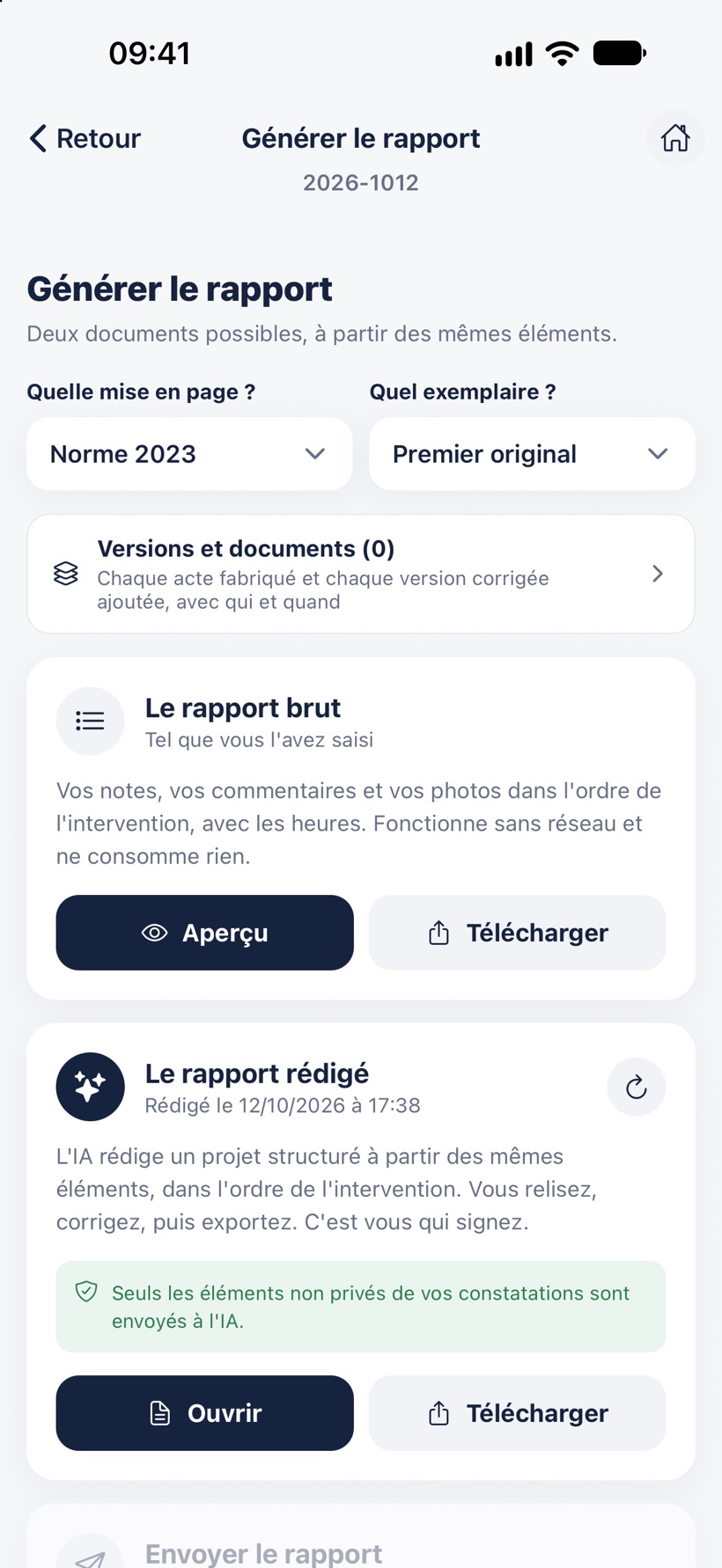 L'écran Générer le rapport : la mise en page, l'exemplaire, le rapport brut et le rapport rédigé.