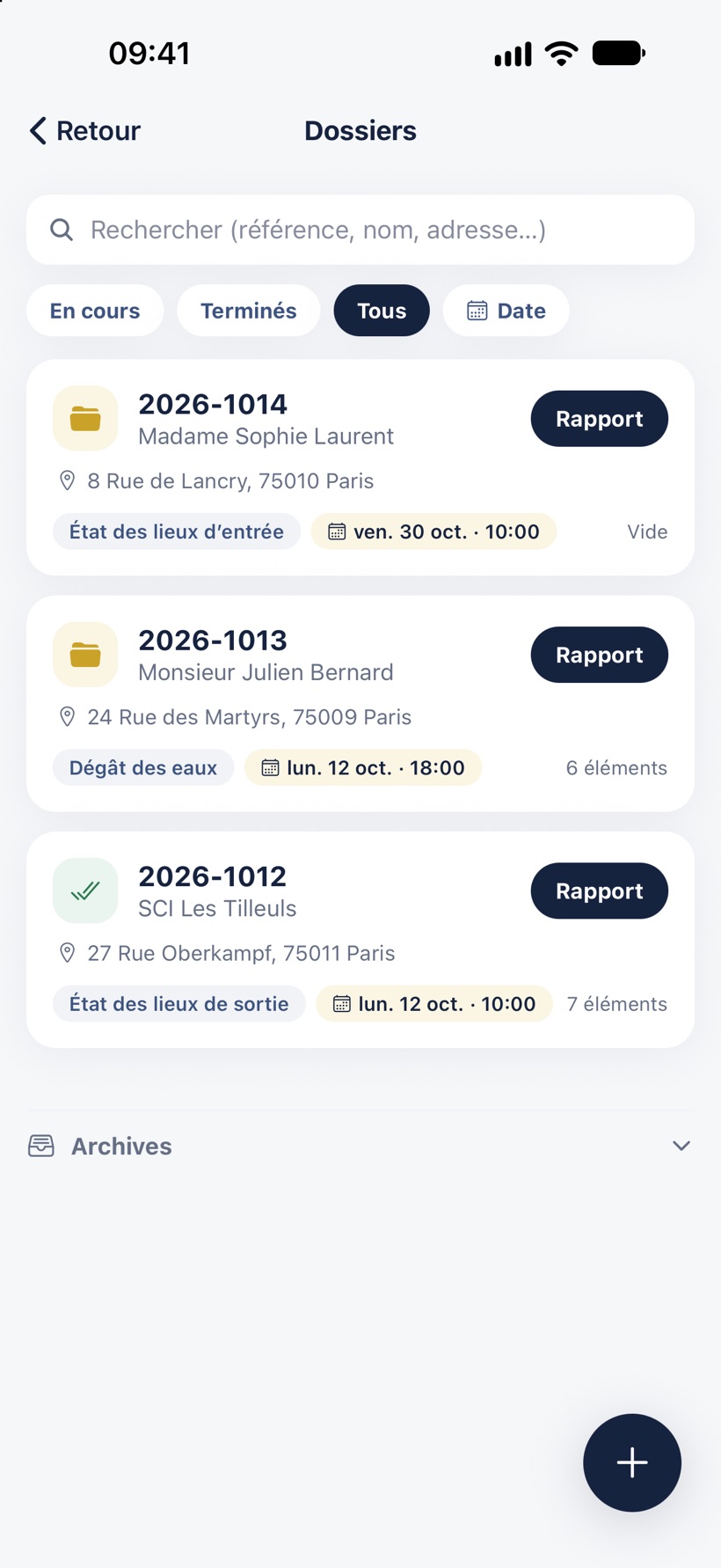 La liste des dossiers : la recherche, les filtres et les dossiers avec leur bouton Rapport.
