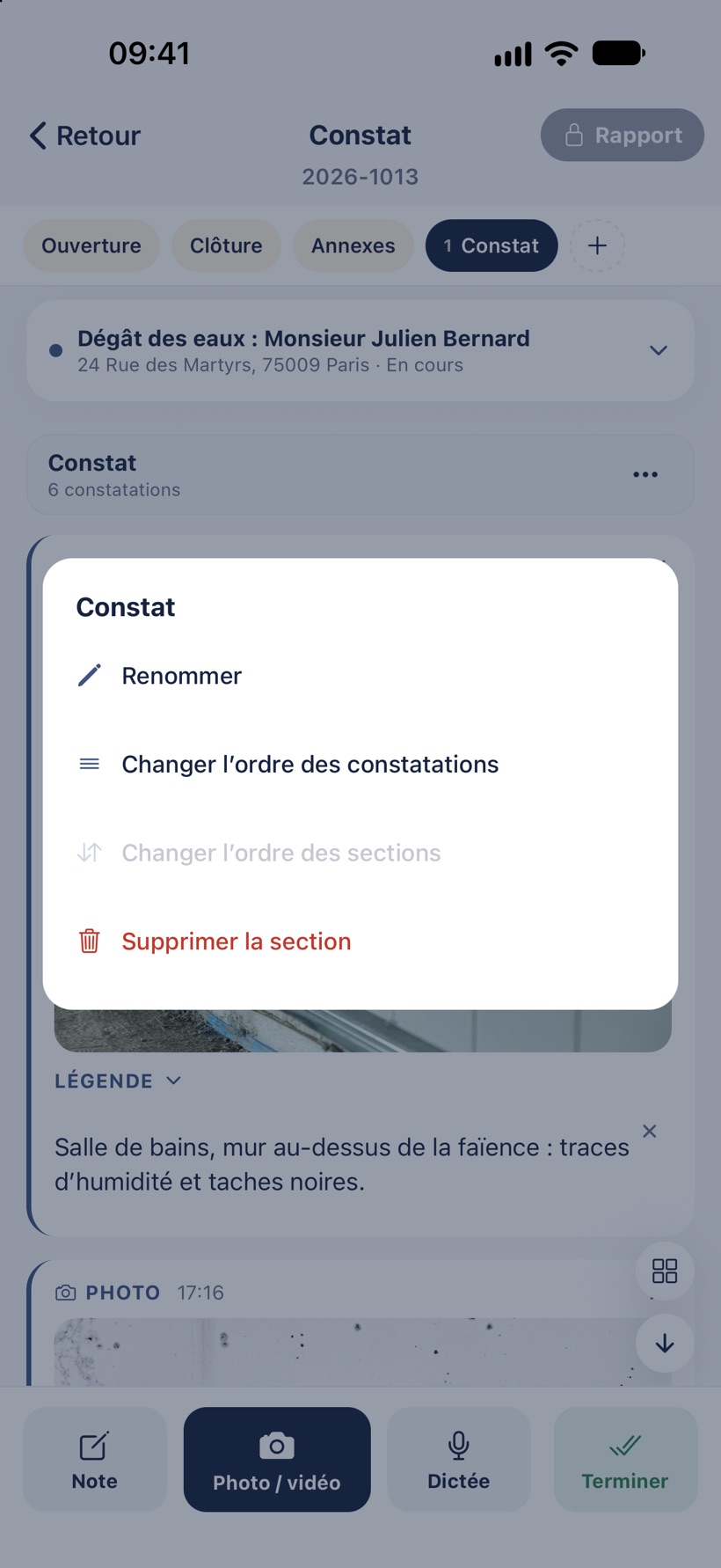 Le menu d'une section : Renommer, Changer l'ordre des constatations, Changer l'ordre des sections, Supprimer la section.