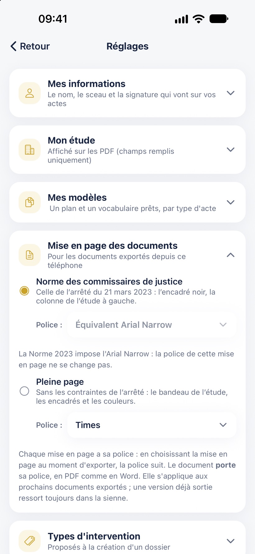 Mise en page des documents dans les Réglages : la Norme des commissaires de justice et la pleine page, chacune avec sa police.