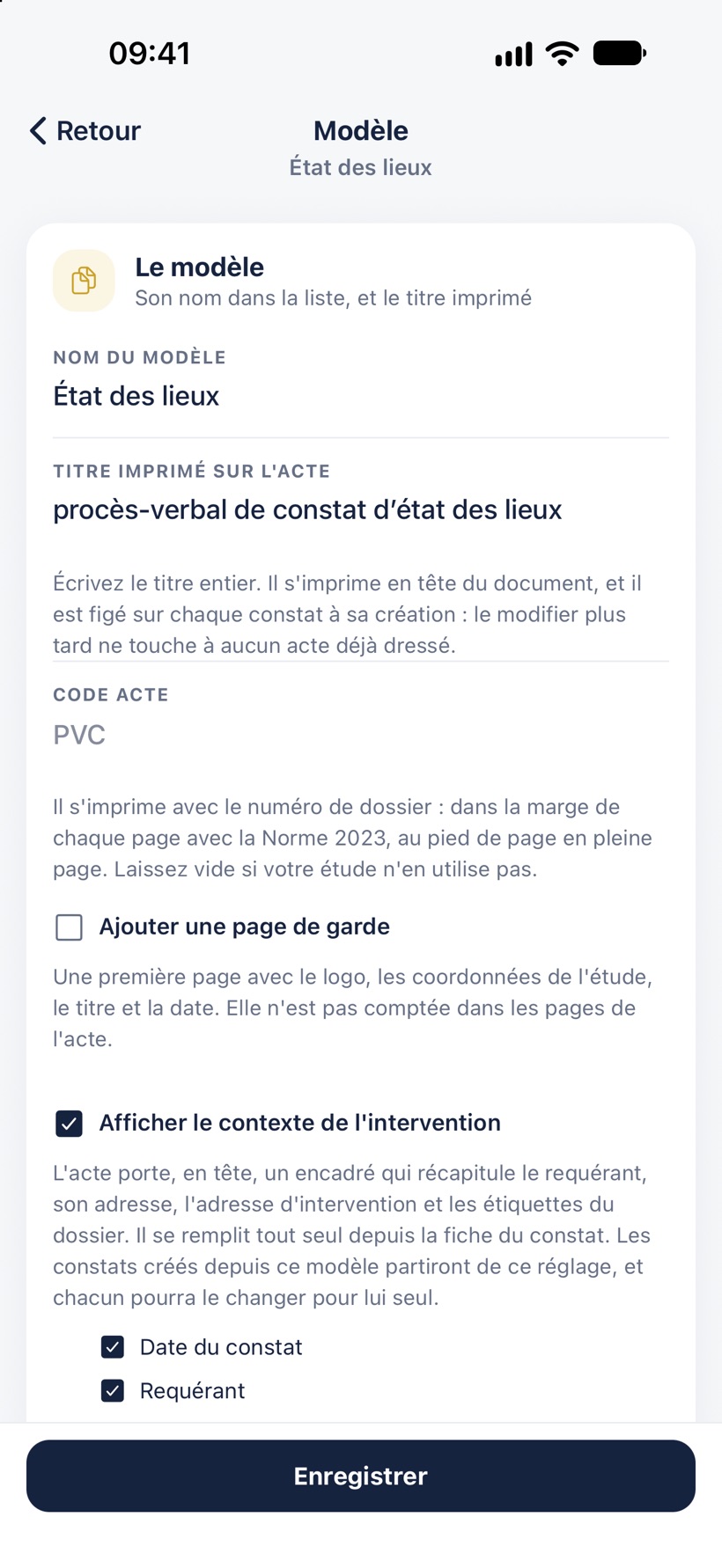 Un modèle : son nom, le titre imprimé sur l'acte, le code acte, la page de garde et le contexte de l'intervention.