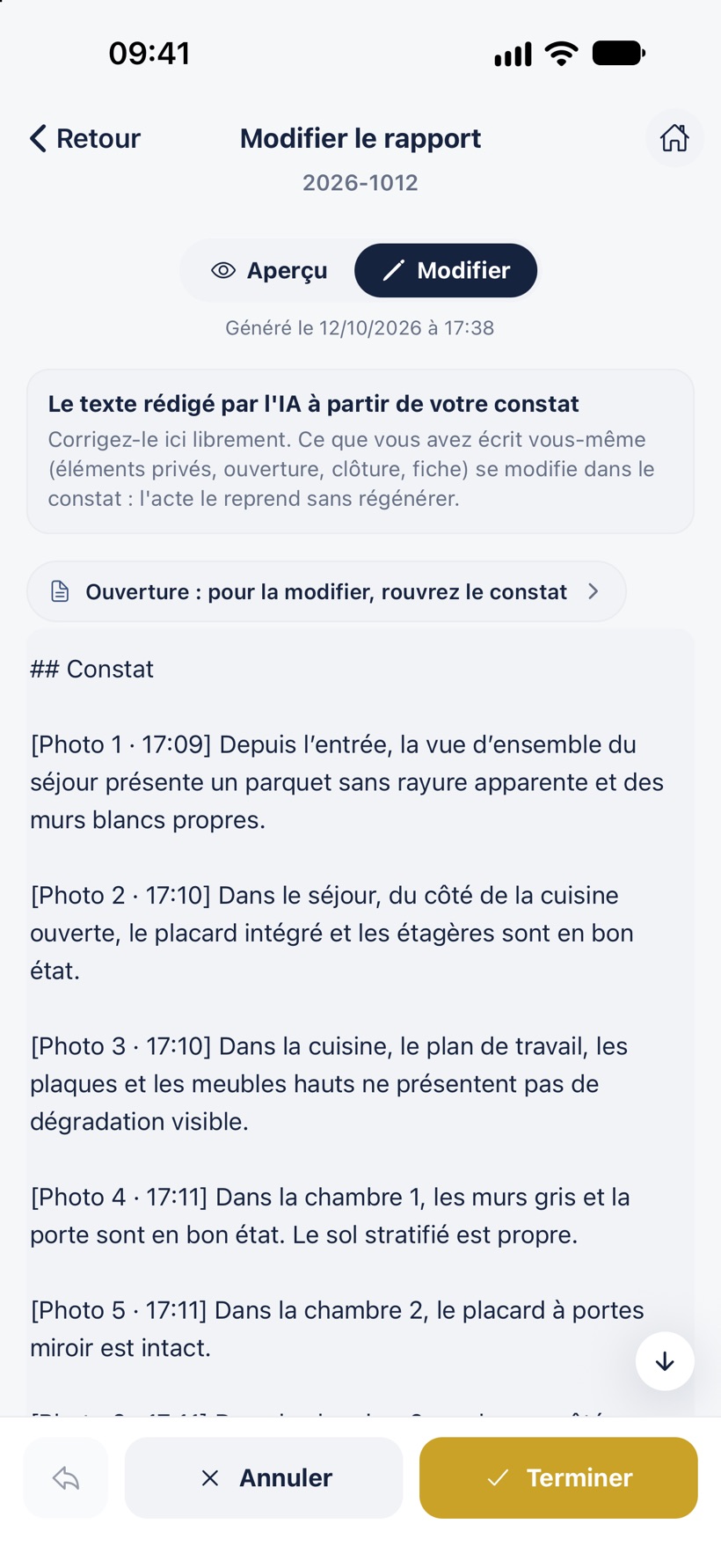 L'onglet Modifier du rapport : le texte rédigé par l'IA, à corriger librement.