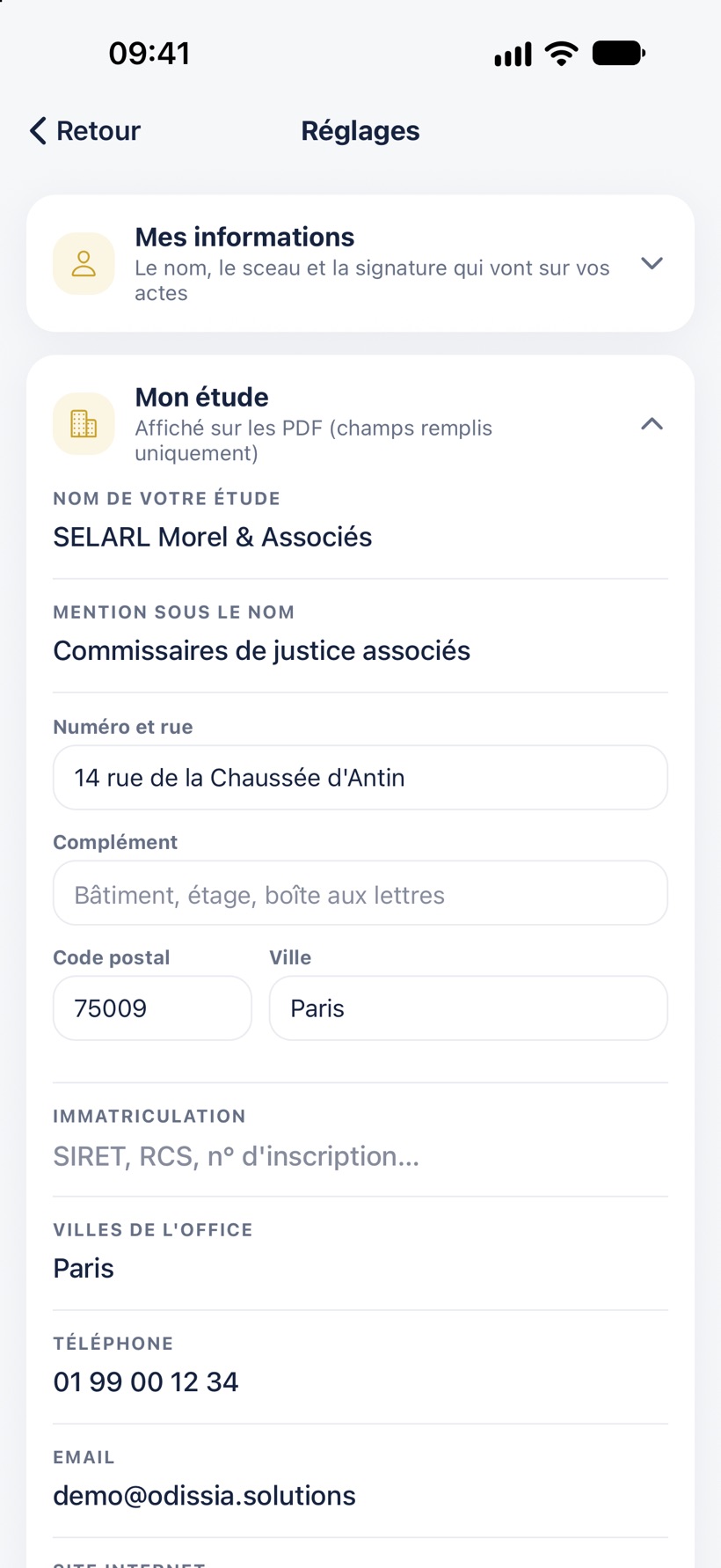 La carte Mon étude dans les Réglages : le nom de l'étude, la mention sous le nom, l'adresse et les coordonnées.