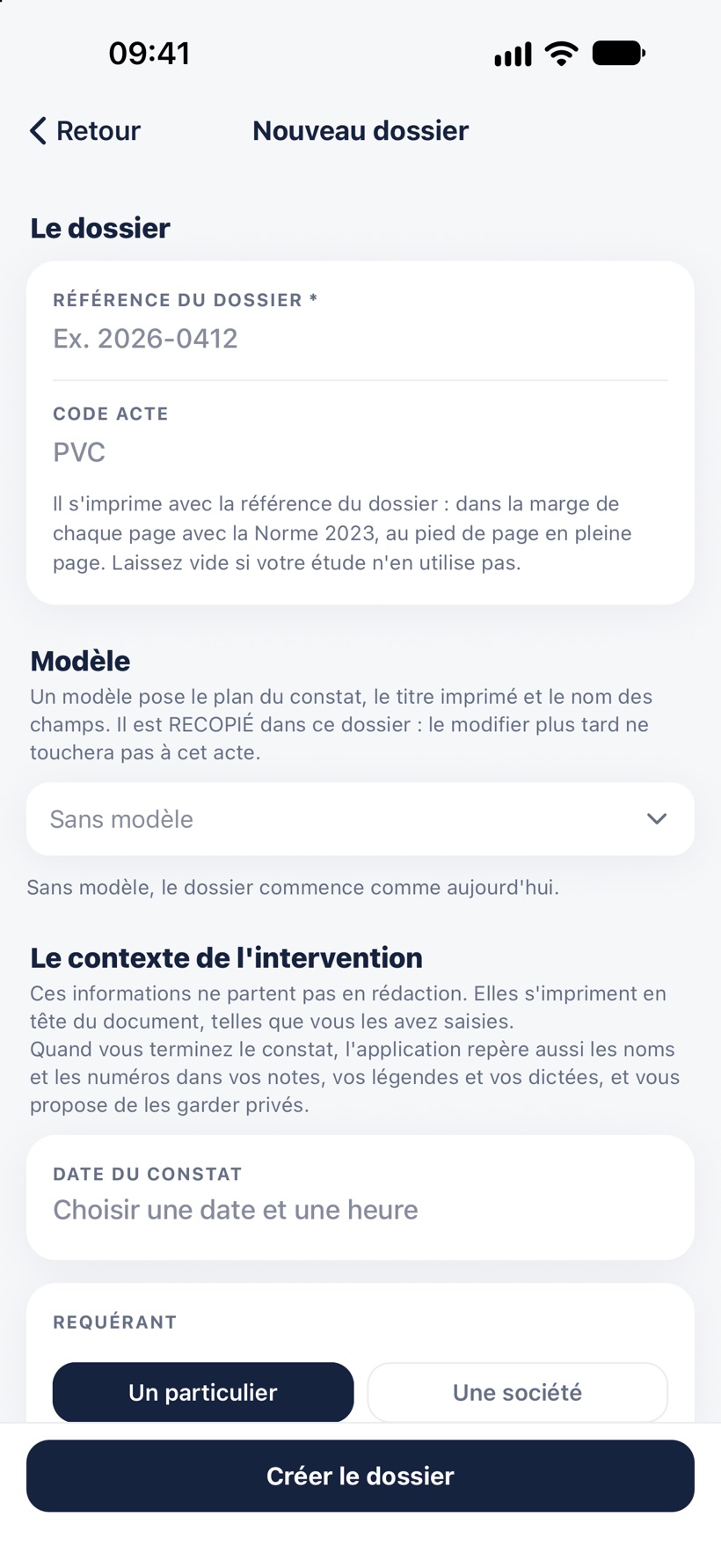 L'écran « Nouveau dossier » : la référence, le code acte, le modèle et le contexte de l'intervention.