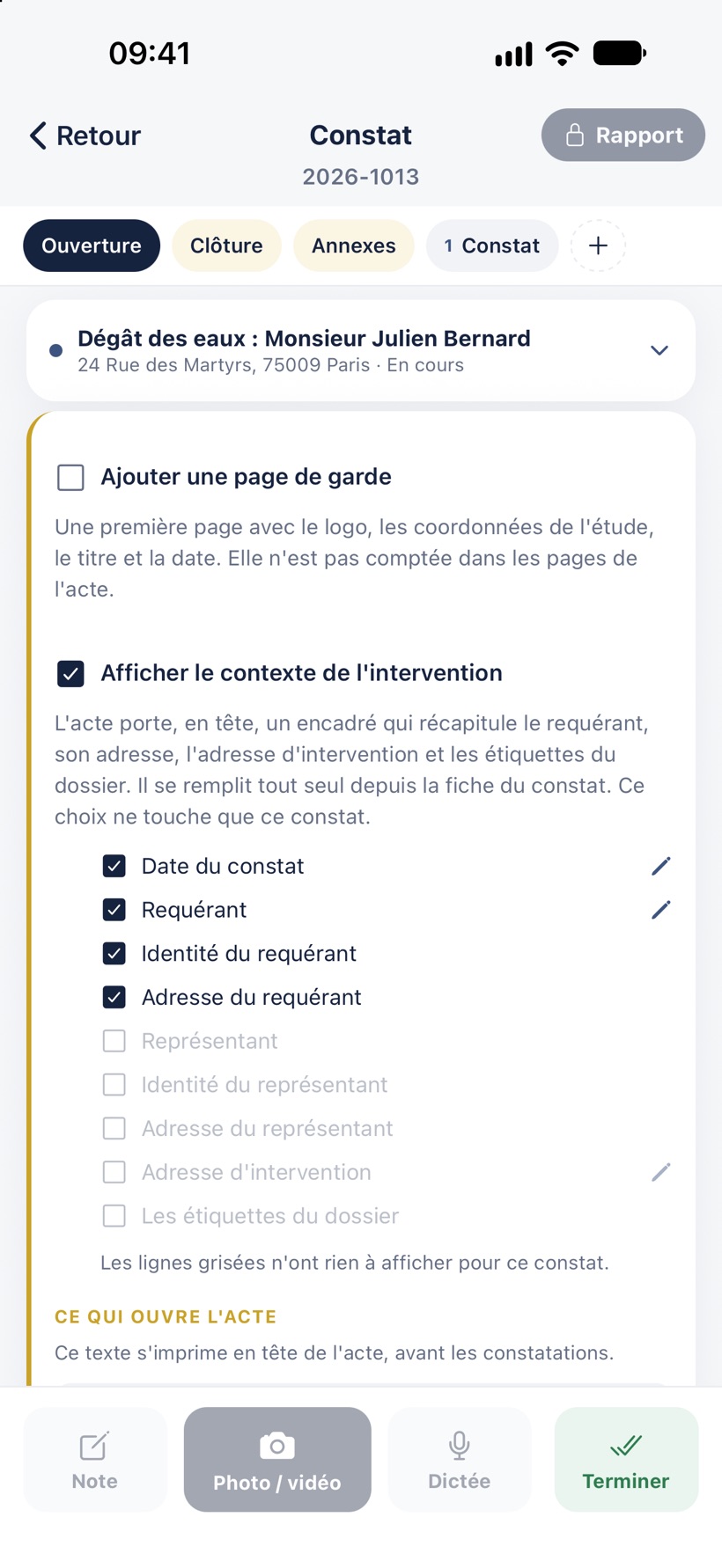 L'onglet Ouverture : la page de garde, le contexte de l'intervention et ce qui ouvre l'acte.