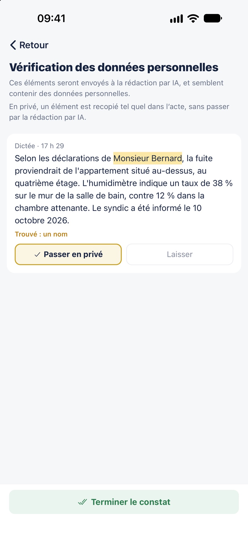 La vérification des données personnelles : un nom repéré dans une dictée, et le bouton Passer en privé choisi.