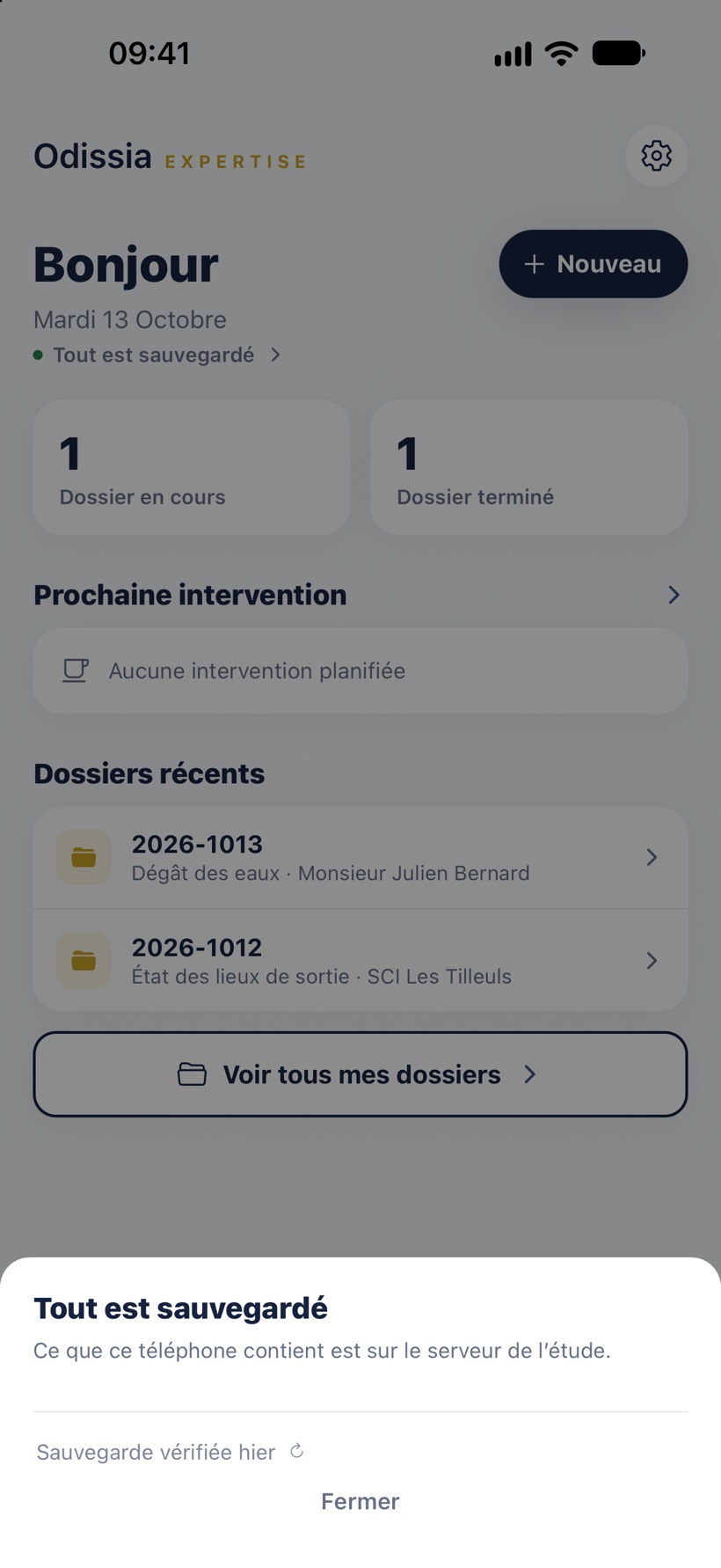 La fenêtre Tout est sauvegardé : ce que ce téléphone contient est sur le serveur de l'étude.