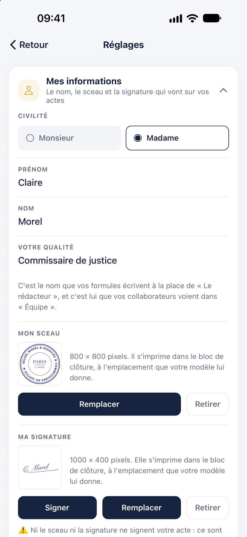 Mes informations dans les Réglages : la civilité, le nom, la qualité, le sceau et la signature.