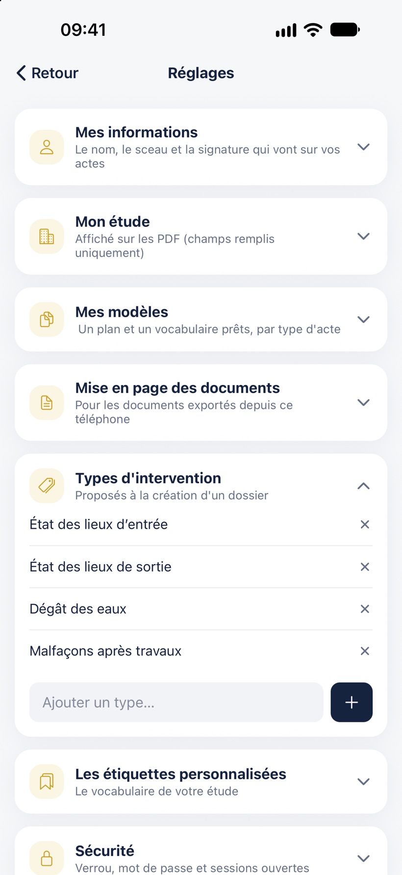 Les types d'intervention dans les Réglages : la liste, et le champ pour en ajouter.