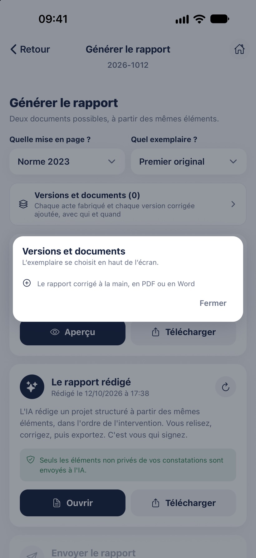 La fenêtre Versions et documents : ajouter le rapport corrigé à la main, en PDF ou en Word.